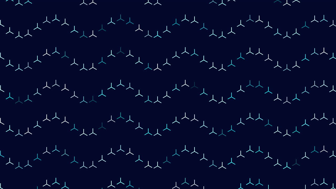Minimal pattern footage featuring rotating wind turbine style symbols in white and cyan on a dark blue background, ideal as an animated backdrop for clean energy, technology or corporate projects
