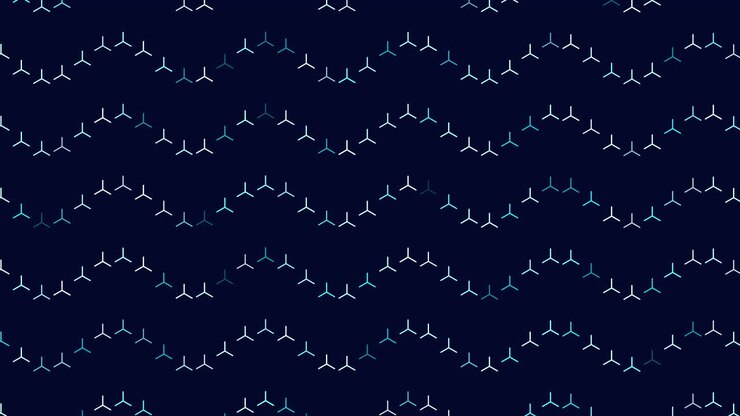 Minimal pattern footage featuring rotating wind turbine style symbols in white and cyan on a dark blue background, ideal as an animated backdrop for clean energy, technology or corporate projects