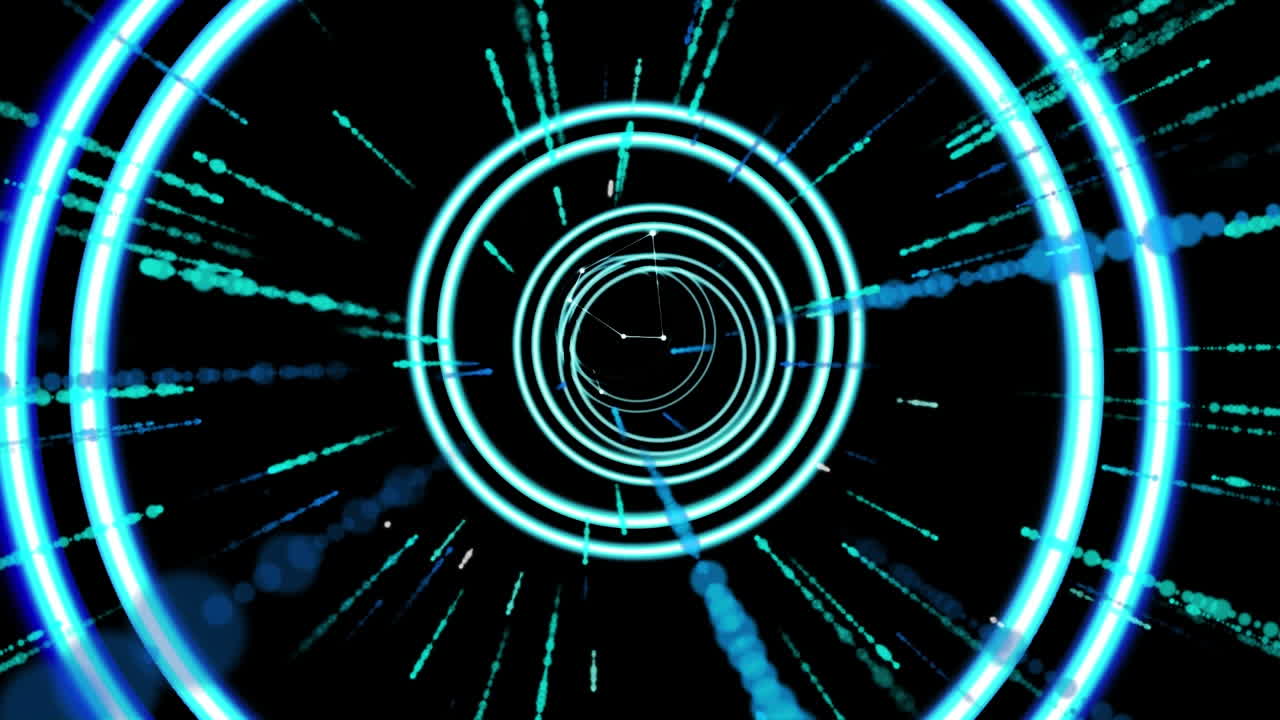 Animation of data processing and circles over black background