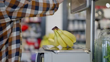 close up of a confident woman in a plaid shirt weighing bananas on an electronic scale in a supermarket while shopping with her infant daughter