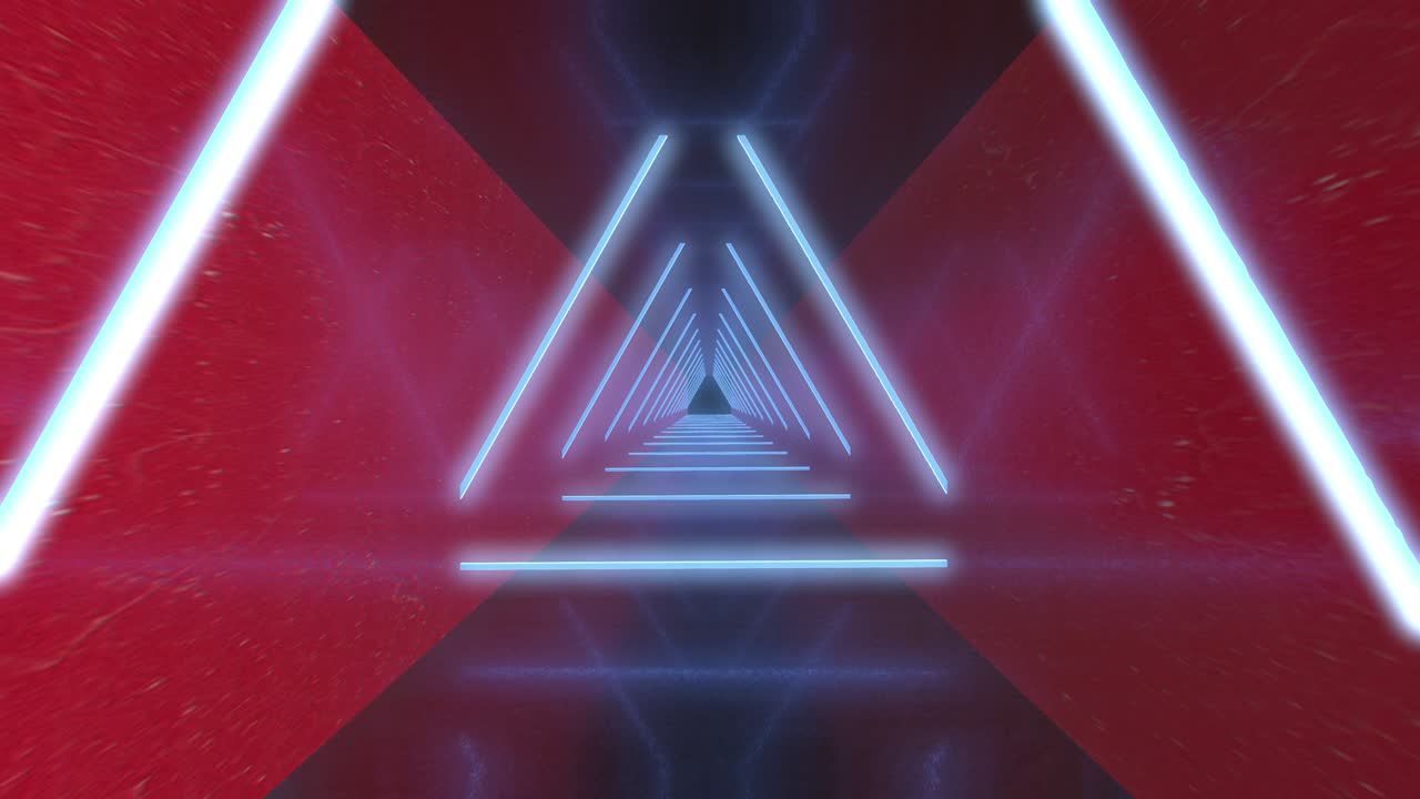 vuelo abstracto en un corredor futurista con triángulos, bucle sin costuras de fondo 4k, luz ultravioleta fluorescente, coloridas líneas de neón láser, túnel geométrico sin fin, espectro blanco-rojo, renderización 3d.