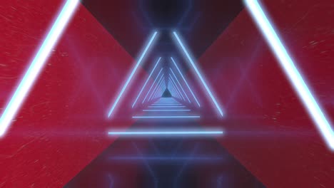 abstract flight in a futuristic corridor with triangles, seamless loop of 4k background, fluorescent uv light, colorful laser neon lines, geometric endless tunnel, white-red spectrum, 3d rendering.