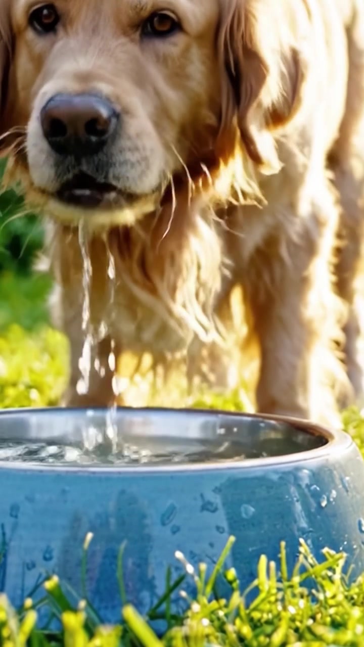 Um Golden Retriever Alegre Desfruta de uma Bebida Refrescante de Sua Tigela em um Dia Ensolarado, Capturando a Felicidade dos Animais de Estimação em Seu Ambiente Natural ao Ar Livre