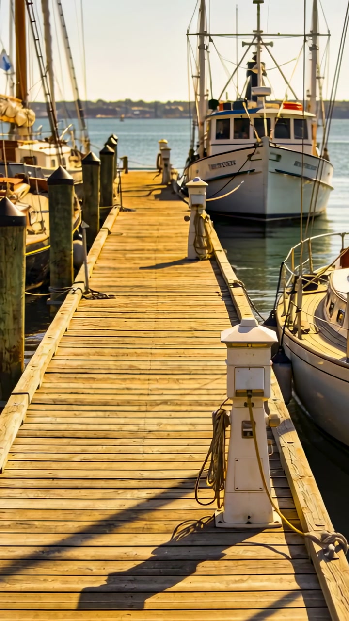 Vertical video: Wooden dock leading to boats in marina, camera sliding forward revealing power box