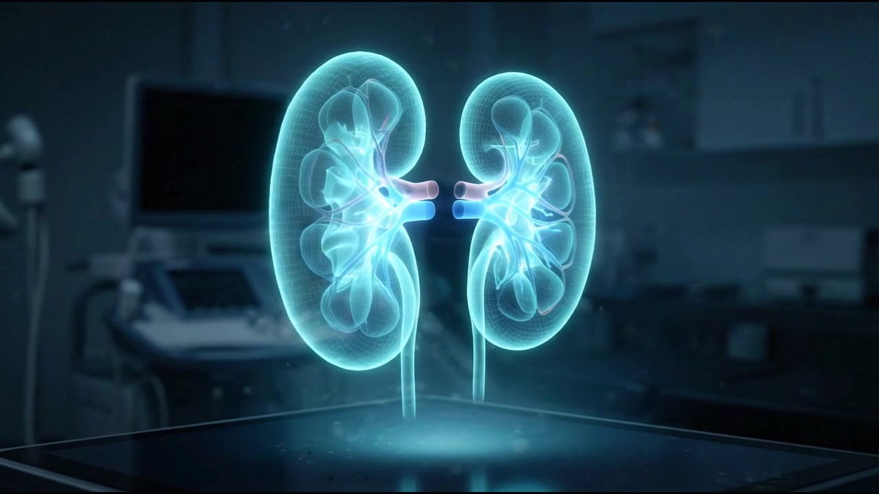 Pair of glowing 3D human kidneys in dark medical background