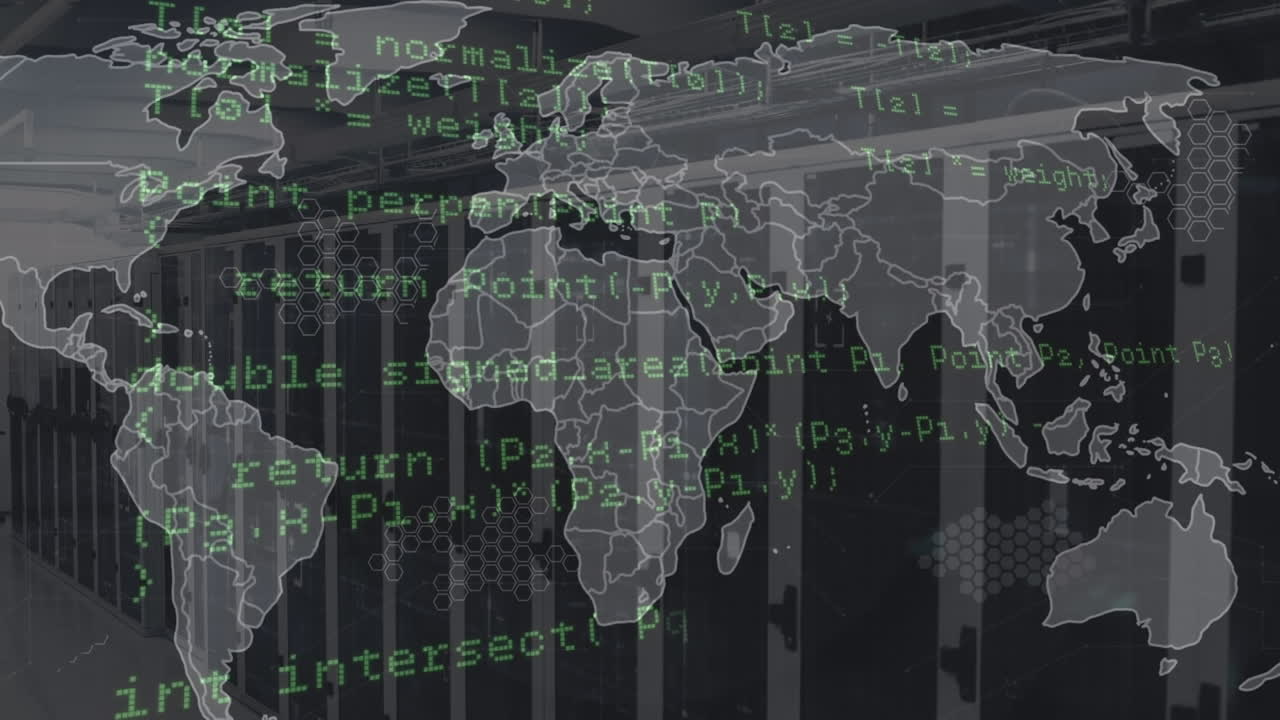 animación del mapa del mundo y procesamiento de datos contra la sala de servidores de computadoras.