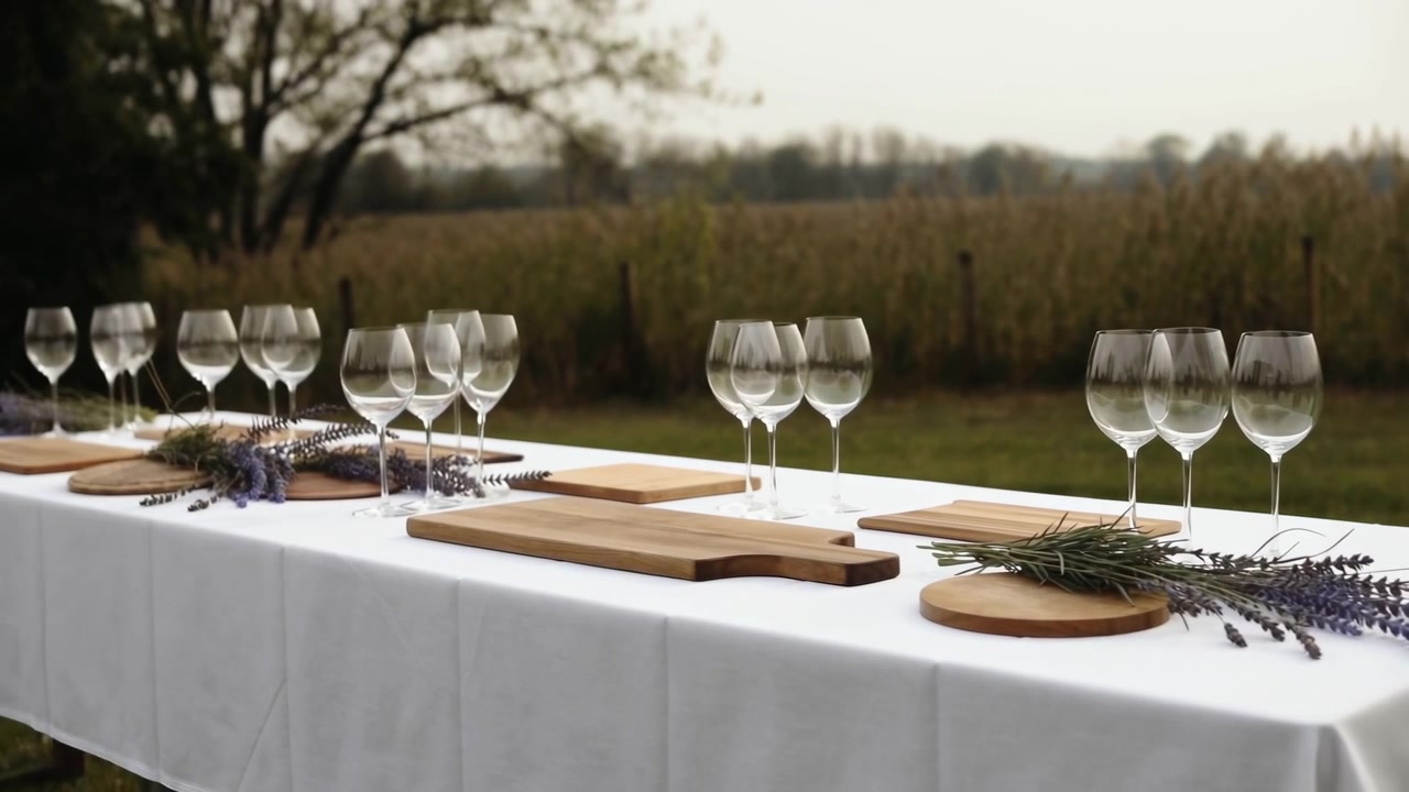 Low eye-level view of outdoor table dressed in white linen, featuring repeating clusters of empty wine glasses, round and rectangular wooden boards, and lavender sprigs arranged before soft blurred