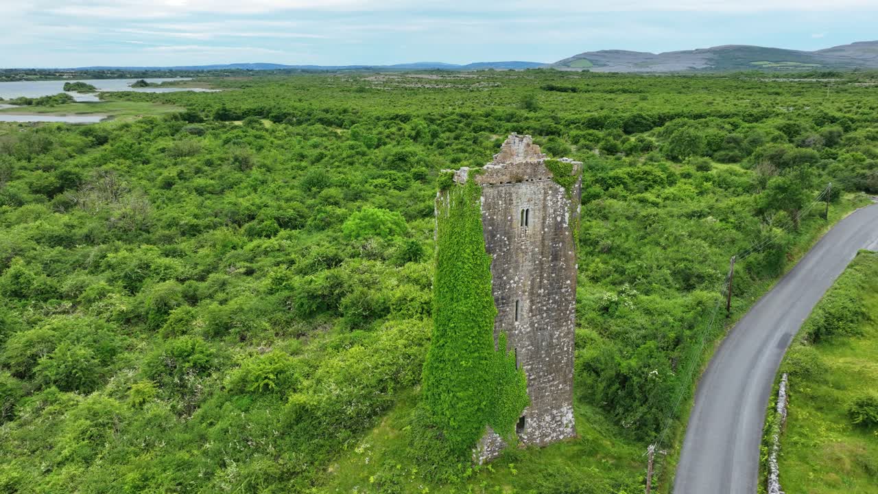 Ireland Epic Locations drone circling castle ruins in The Burren Co.Clare lush green growth and fresh water lakes