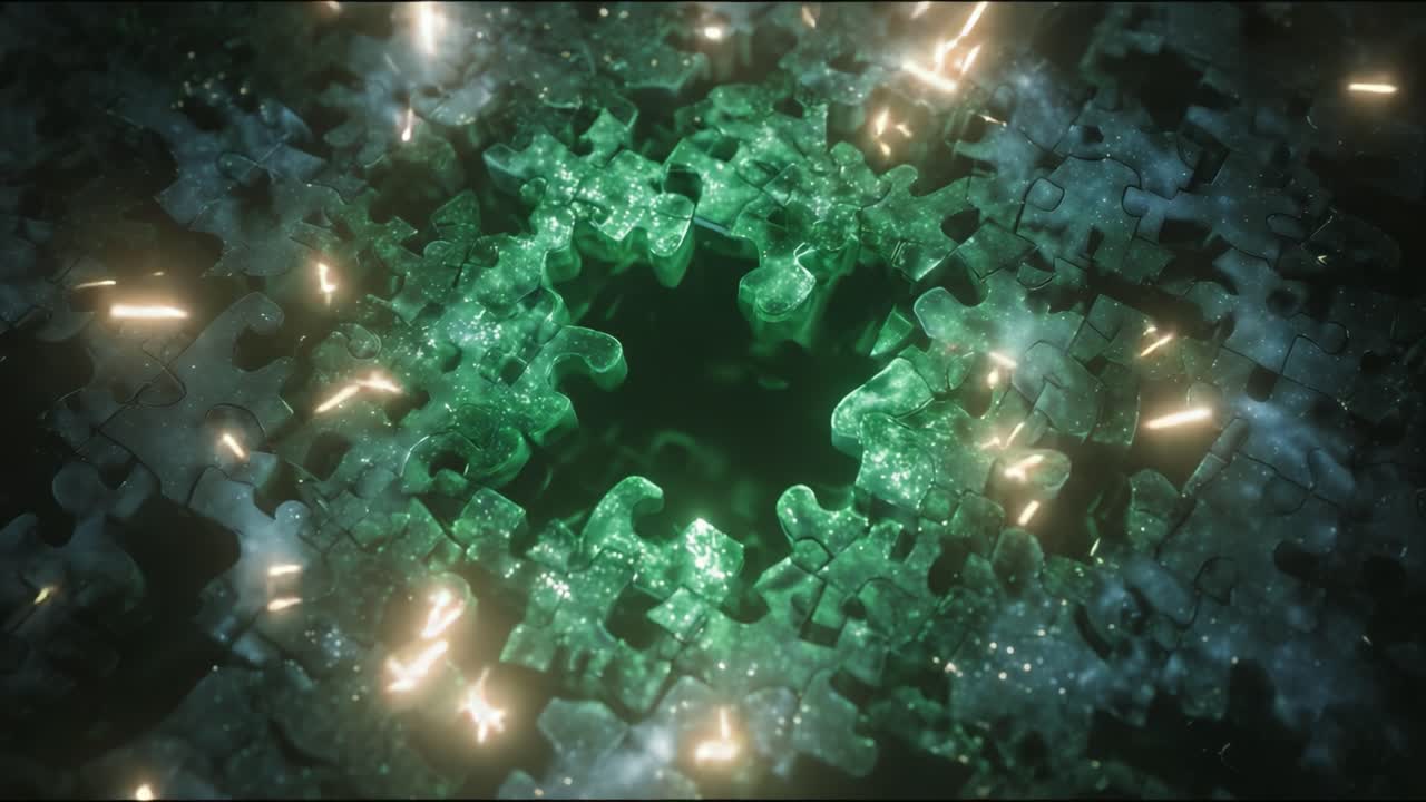 Exploring a Mystical Glow Within a Shimmering Puzzle Structure, the Image Captures an Enigmatic Green Light Emitted from a Center Void Surrounded by Intricate, Transparent Puzzle Pieces Reflecting a Captivating Ambiance