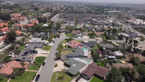 aerial flyover of a suburban ontario neighborhood in the san bernardino county in california.