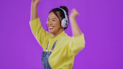 music, dancing and asian woman face
