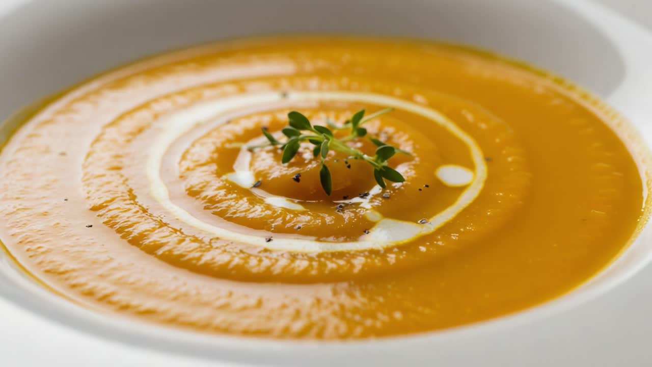 A close-up of a vibrant orange creamy soup garnished with a swirl of cream and fresh thyme