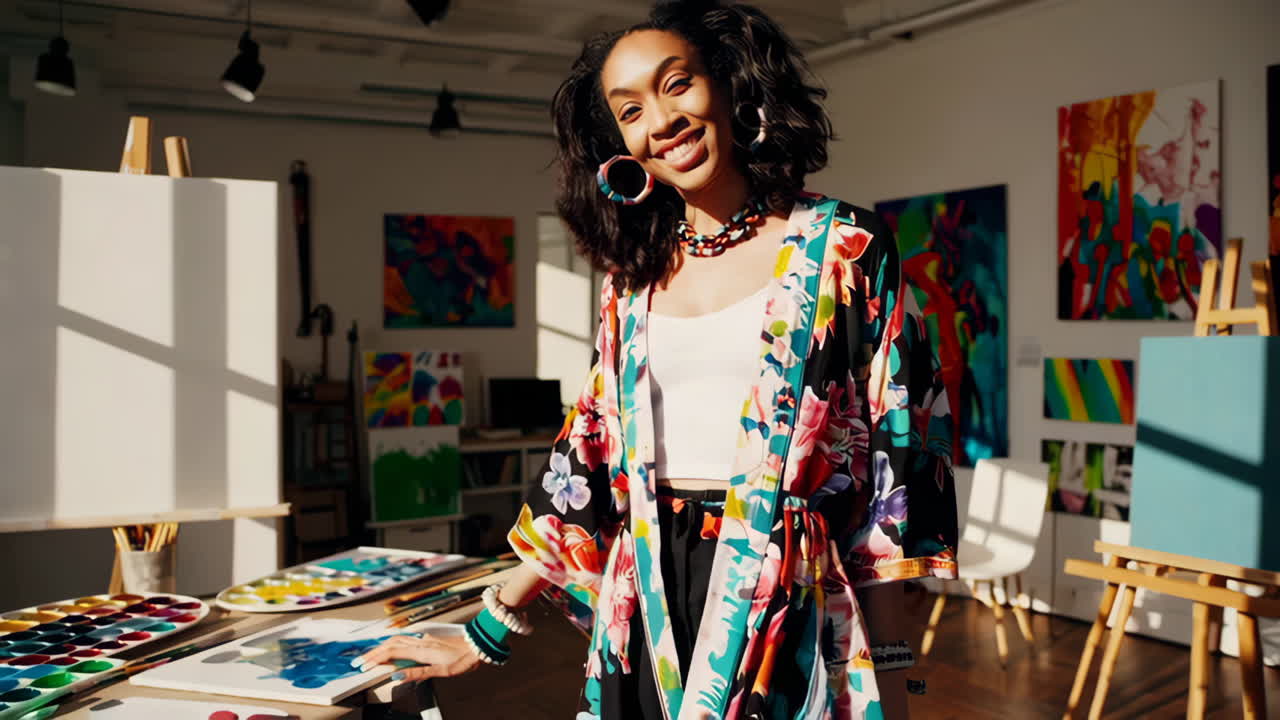 A creative woman in a vibrant floral kimono painting in her art studio