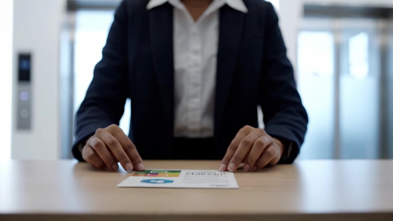Mulher profissional em ambiente de negócios revisa documentos na recepção, preparada para uma reunião, demonstrando organização e atenção aos detalhes