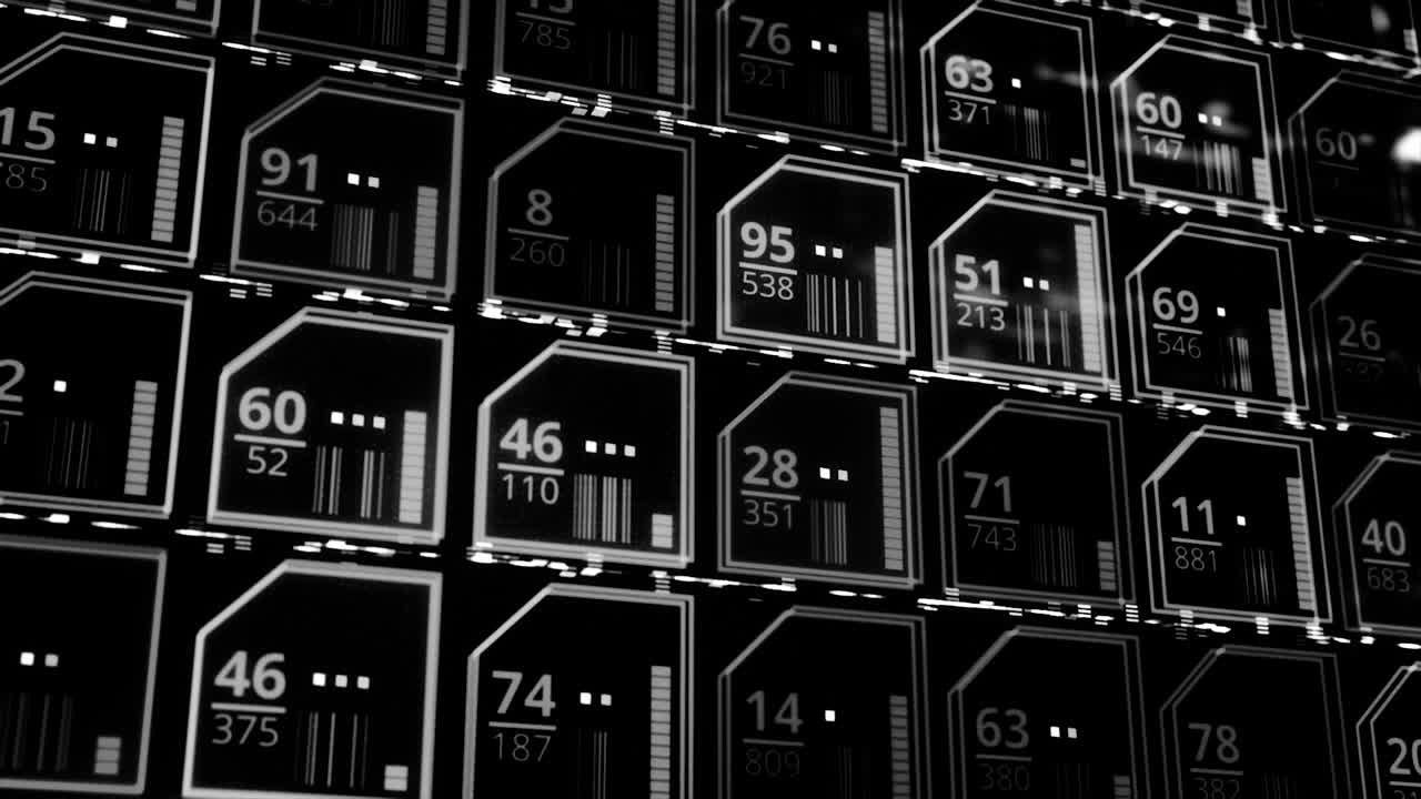 componentes electrónicos en una placa de circuitos, monocromáticos. animación. pantalla en blanco y negro con múltiples conexiones, bucle sin costuras