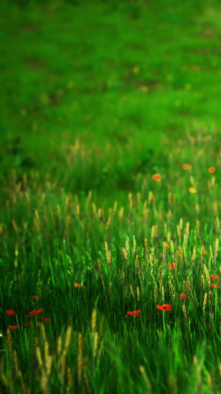 Erba verde brillante e fiori selvatici che crescono in un campo soleggiato in primavera
