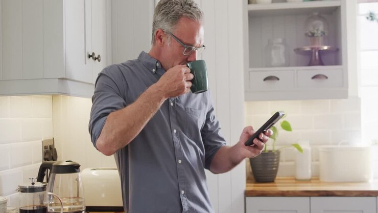 uomo caucasico felice che usa lo smartphone e beve caffè in cucina