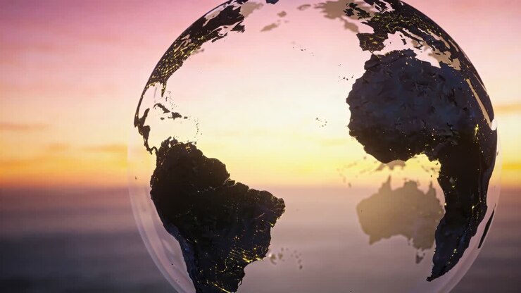 Afspelen begint, heldere glazen globe draait rechtsom bij zonsopgang, onthult continenten en lichtjes.