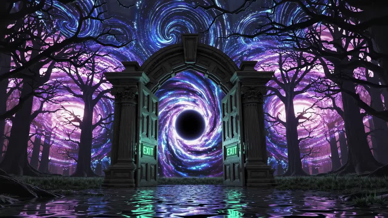 Glowing exit portal opening in a dark and mysterious forest with a swirling cosmic sky and water reflections creates a mystical and otherworldly atmosphere