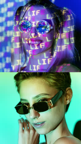 woman with kaleidoscope glasses and neon lighting