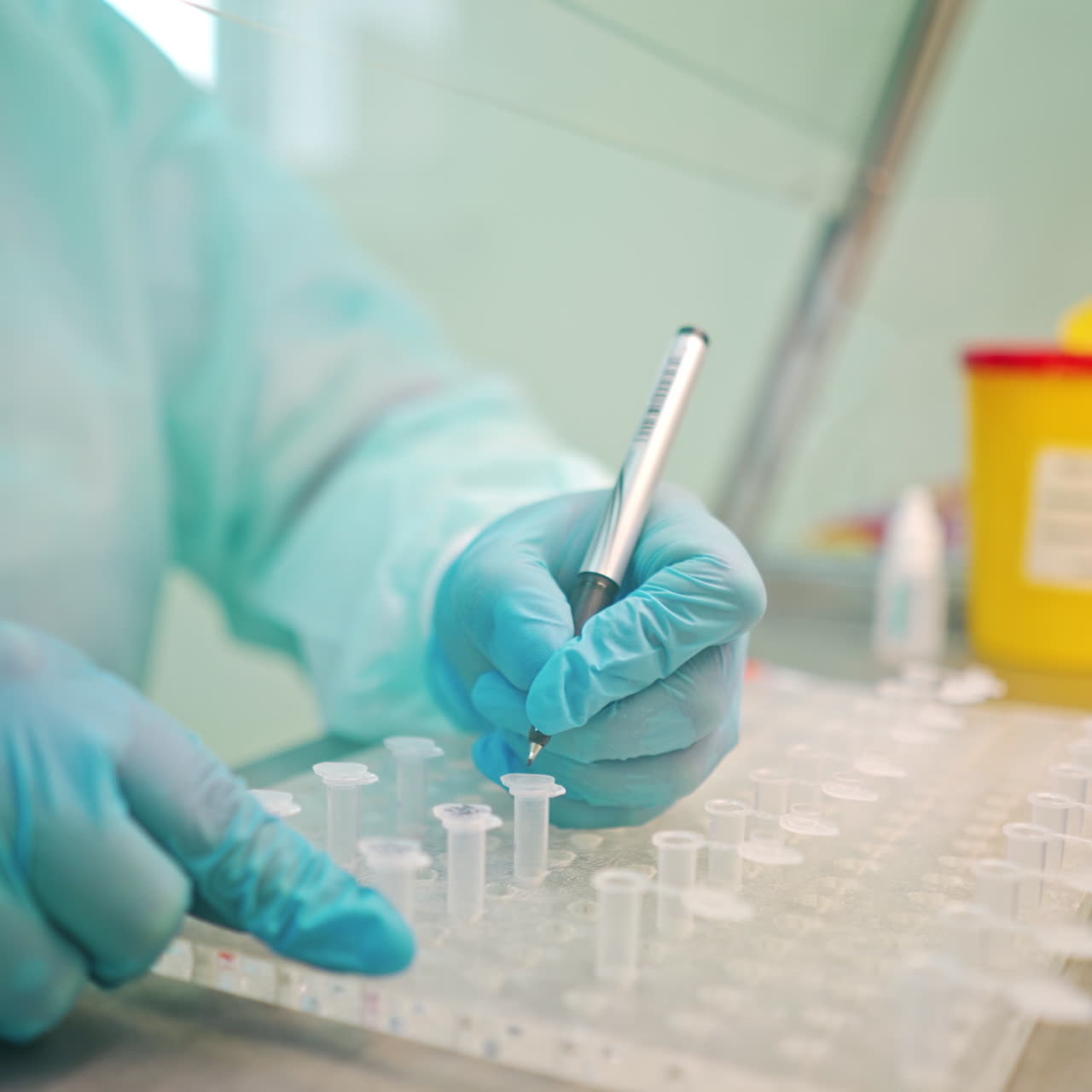 Laboratory worker writes with a pen on test tubes. Hands in blue protective gloves writing on plastic vials on the table indoors. Close-up.