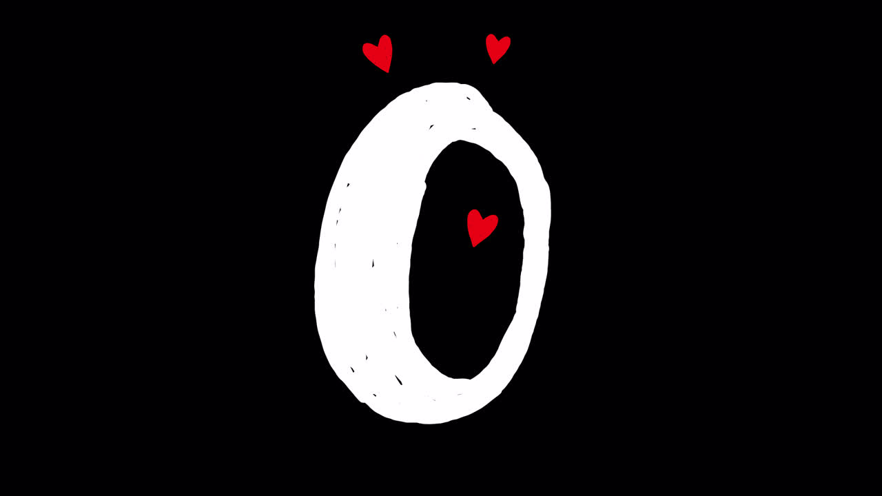 Animazione della lettera O disegnata a mano con cuori rossi.