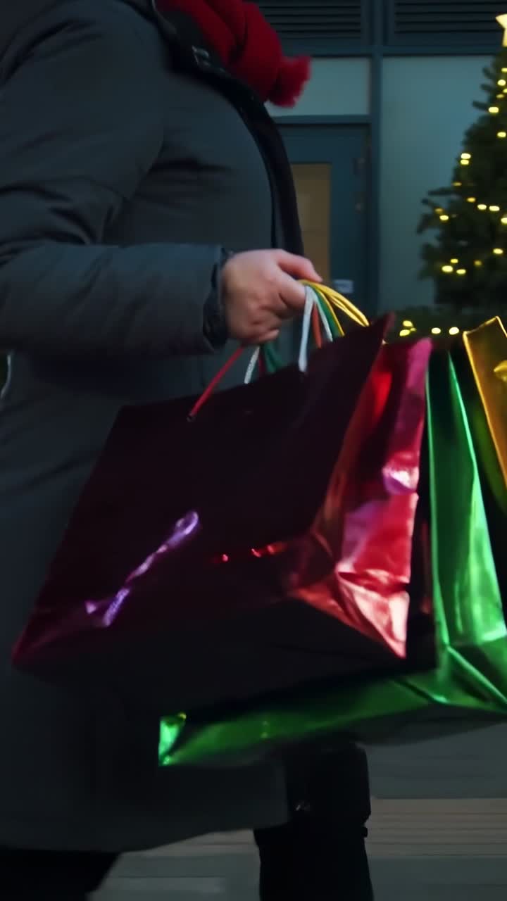 Vertical video: Entering view, woman shopping with metallic bags at neon store and tree, copy space