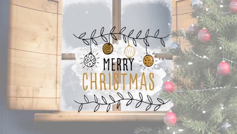 Animation-of-merry-christmas-text-over-christmas-tree-and-winter-snowy-window
