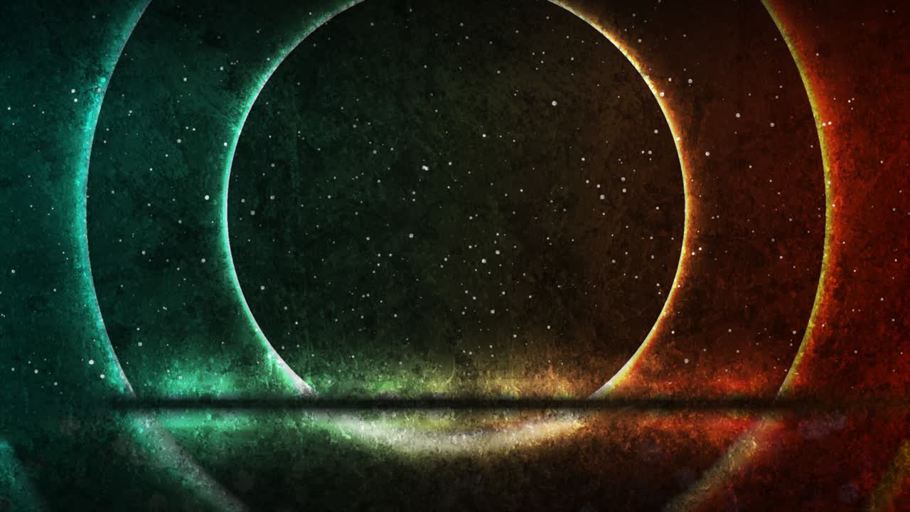 Fundo de movimento grunge tecnológico com moldura circular de laser neon ciano e laranja.
