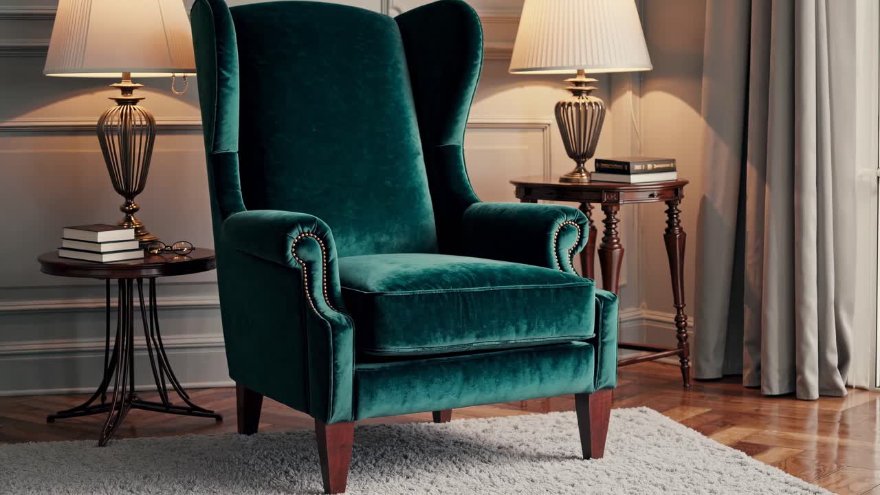 Elegant vintage armchair in a luxurious living room, captured at eye level