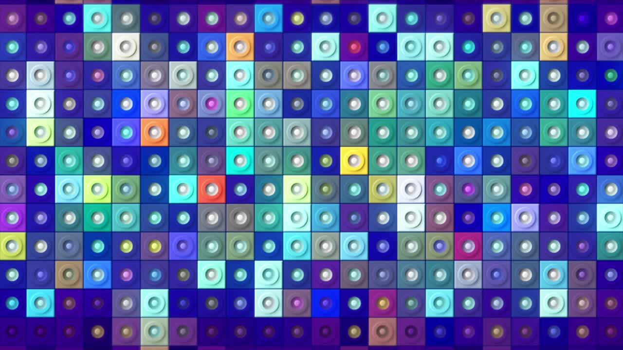 animación digital de la pared de patrón de mosaico, bucle sin costuras. movimiento. cuadrados parpadeantes multicolores con pequeños puntos en el medio.