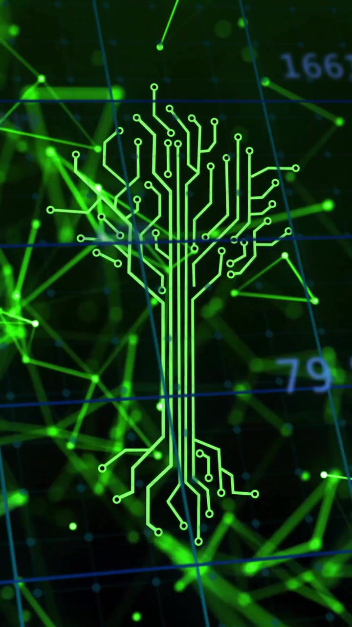 Circuit tree design with green digital network and data processing animation