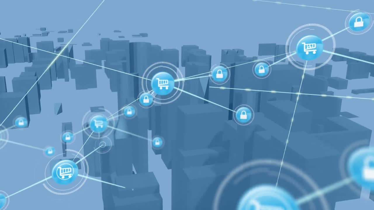 animación de la red de conexiones con iconos sobre la ciudad digital sobre fondo blanco