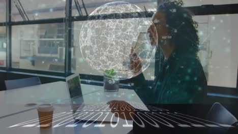 animation of data processing over biracial businesswoman working in office