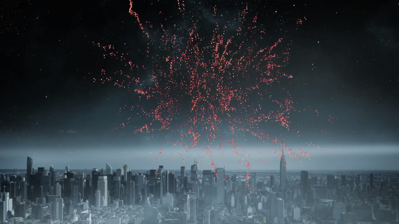 Fireworks in the sky and a view of a city
