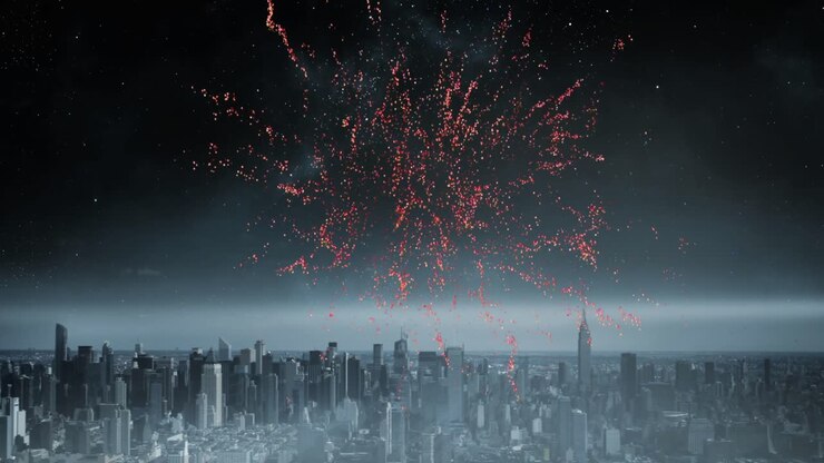 Fireworks in the sky and a view of a city