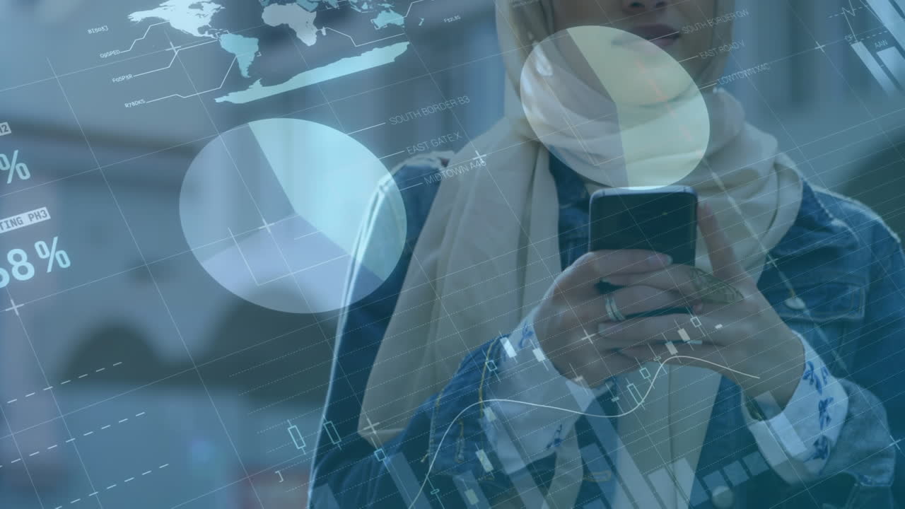 animación de estadísticas y procesamiento de datos sobre mujeres que usan teléfonos inteligentes