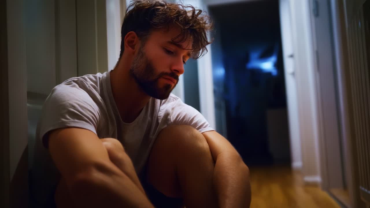 Un momento de contemplación capturado en la quietud, que destaca la profundidad emocional y la vulnerabilidad de un joven que reflexiona en un pasillo con poca luz