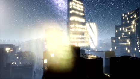 city skyscrapes at night with milky way stars