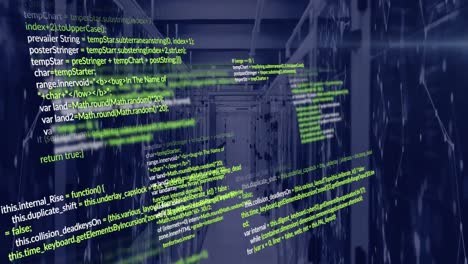 Animation-of-data-processing-and-network-of-connections-against-computer-server-room