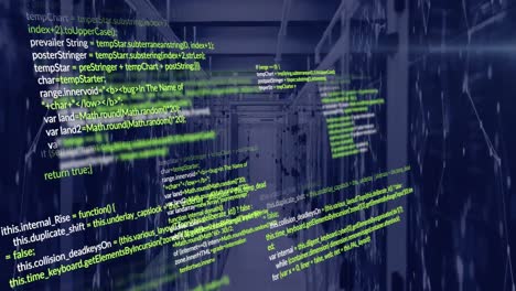 Animation of data processing and network of connections against computer server room