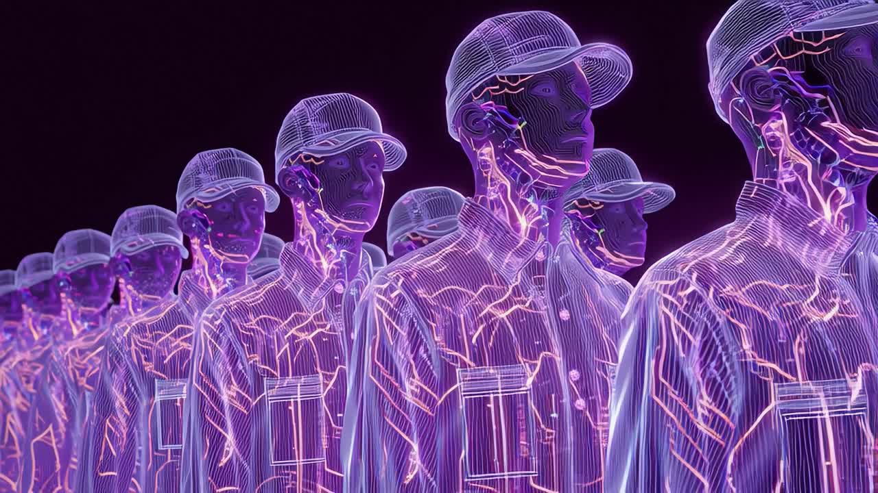 Futuristic Digital Figures in Line: A Striking Visualization of Human-Like Forms Rendered in Luminescent Outlines Displaying Intricate Inner Wiring Against a Dark Background