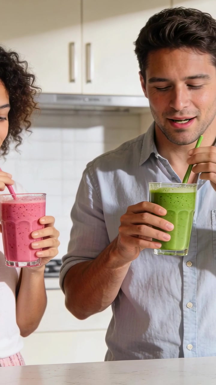 Vidéo verticale : Un couple dans la cuisine lève ses verres, sirotant deux smoothies tout en les remuant et en les goûtant.