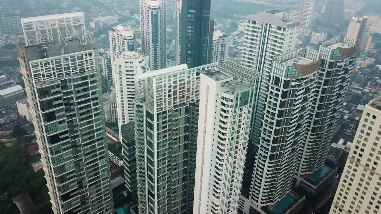 Bangkok, Thailand, Smog Above City Downtown and Residental Apartment Buildings, Drone Aerial View