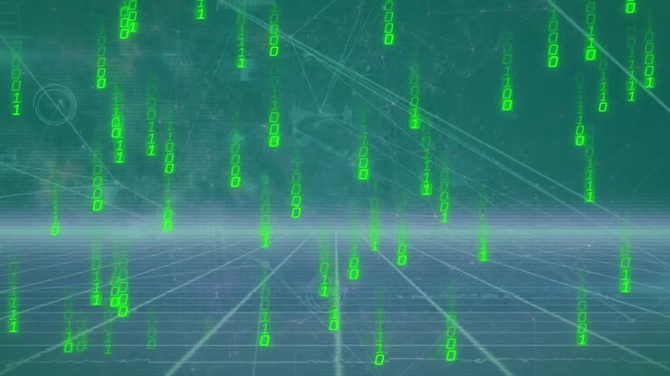 Animation of data processing and network of connections with neon lines on black background