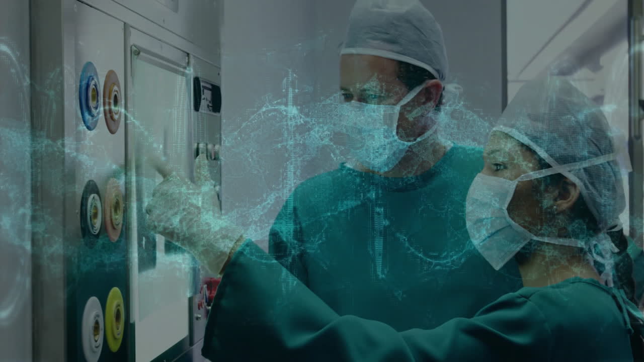 two surgeons examining medical gas panel in operating room, showing holographic network overlay
