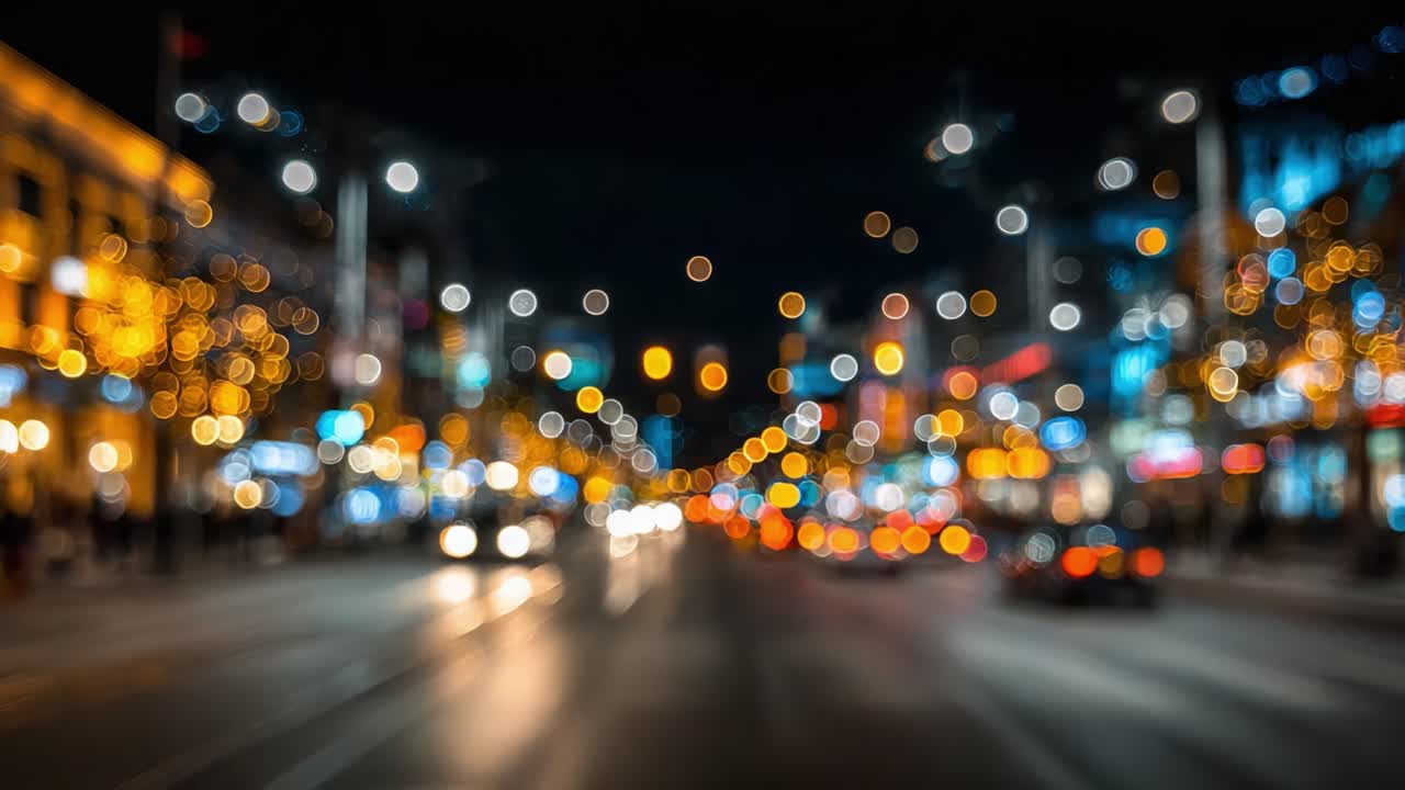 Eine lebendige urbane Nachtszene mit verschwommenen Scheinwerferstreifen und farbenfrohen Bokeh-Effekten von Straßenlaternen und festlicher Dekoration, die eine energiegeladene Atmosphäre schafft.