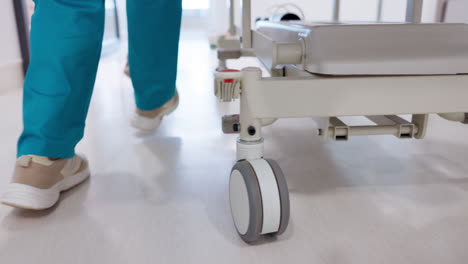 group, doctor and legs running with bed