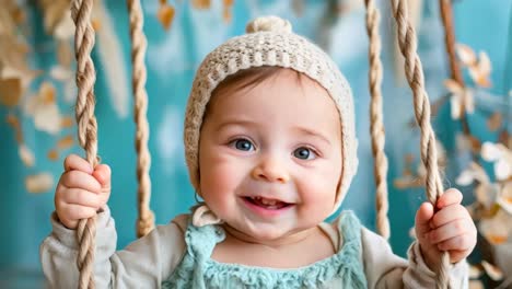 ein baby, das ein gestricktes hut auf einer schaukel trägt