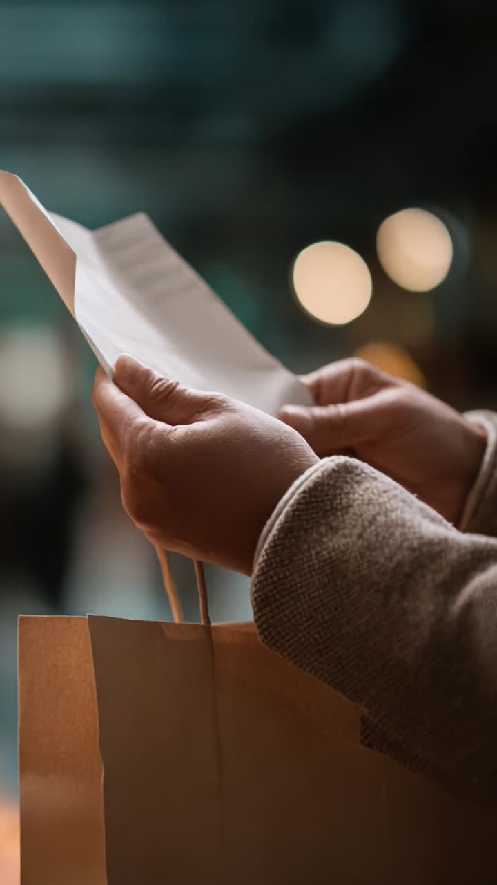 A person carefully examines a piece of paper held in their hands while holding a shopping bag, surrounded by a soft, blurred background full of lights